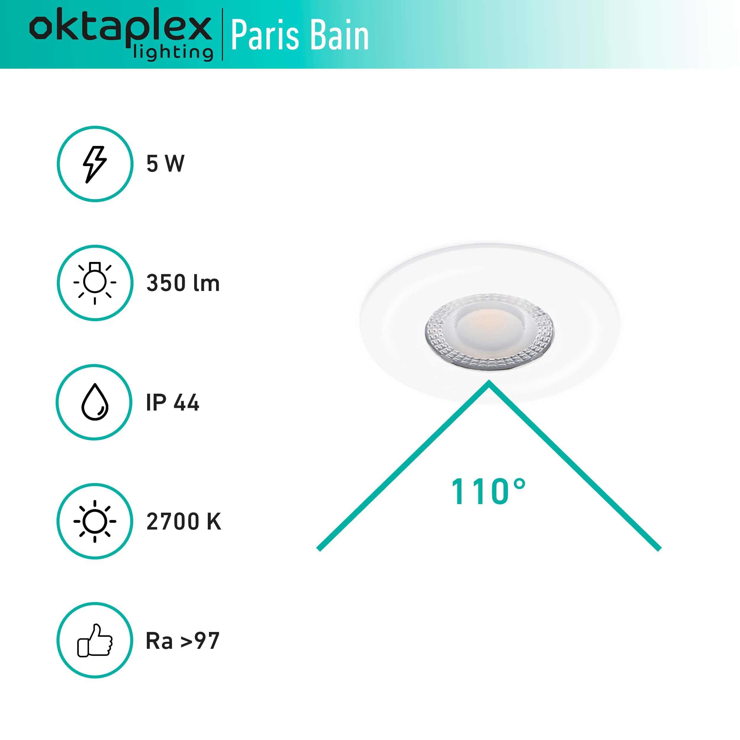 Oktaplex lighting 6er Set LED Einbaustrahler Paris Bain 5W 2700K | 230V 350lm IP 44 Ra>97 Warmweiß Ultra Flach 30 mm Bad Deckenspots, LED Spot weiß
