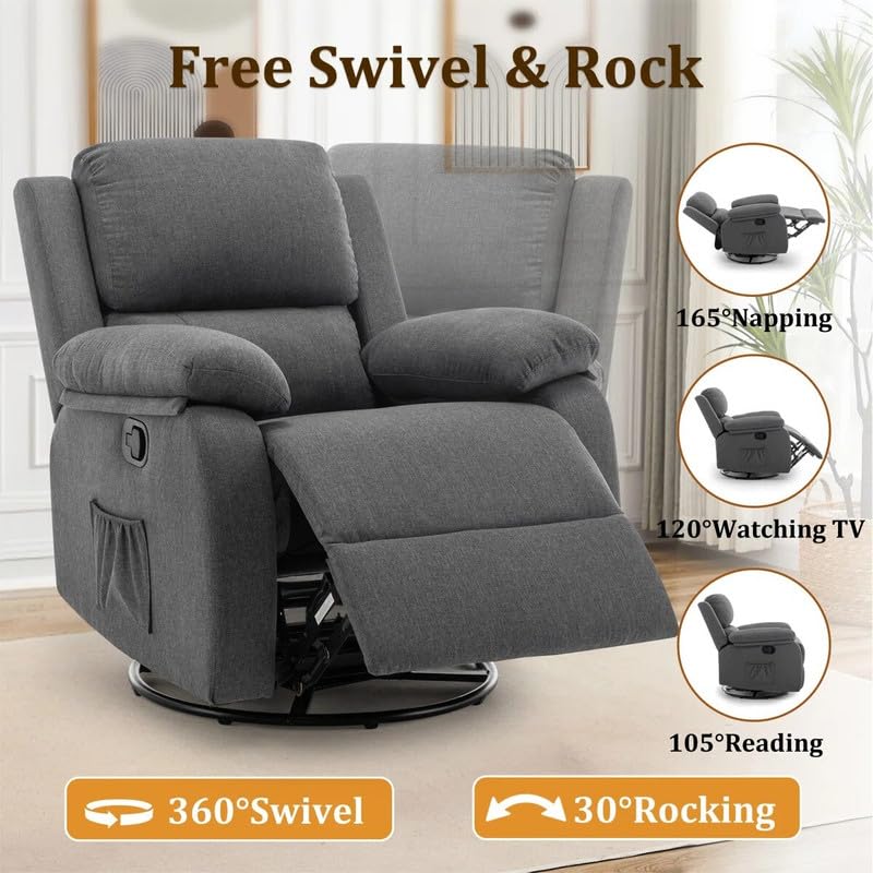Image of Recliner Chair,Manual Recliner, 360 Swivel Recliners for Small Spaces,Rocker Recliner with Side Pockets Chairs for Living Room, Bedroom, Nursery, Dark Grey