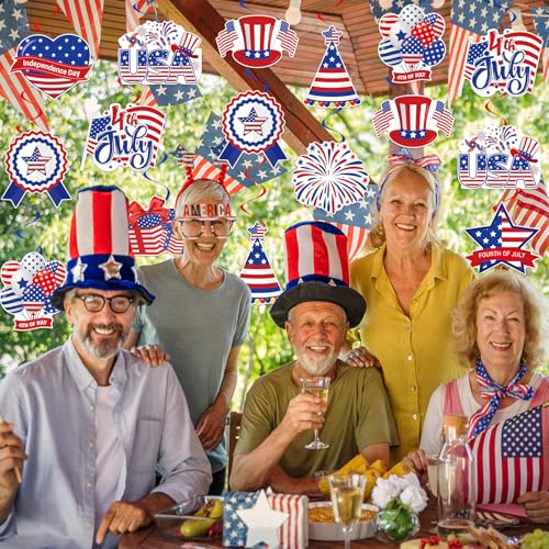 Image of 40Pcs 4th of July Decorations Hanging Swirls, Double Sided Independence Day Ceiling Hanging Decor Patriotic Streamers Foil Swirl for 4th of July Independence Day Patriotic Party Decorations