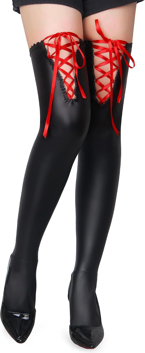 comeondear Leather Thigh High with Back Seam Sexy Crisscross Ties Stockings for Women Plus Size Overknees Pantyhose