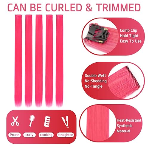 Miniatura 4 de Extensiones de cabello sintético lacio con clip de color de 20 pulgadas, 10 piezas para fiestas, color rosa