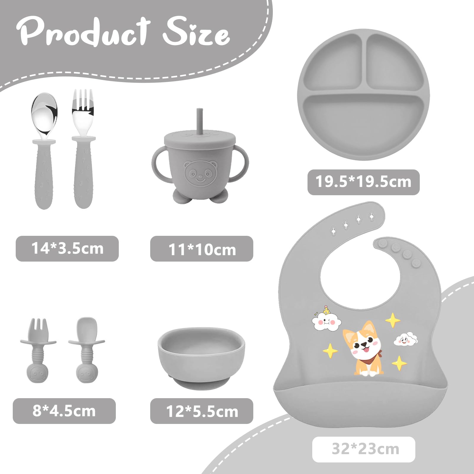 Set Pappa per Bambini 10 Pezzi Svezzamento Completo, Piatto e Ciotola in Silicone con Ventosa Antiscivolo, Cucchiaio Forchetta Bavaglino, Stoviglie Sicure per Neonati e Bambini
