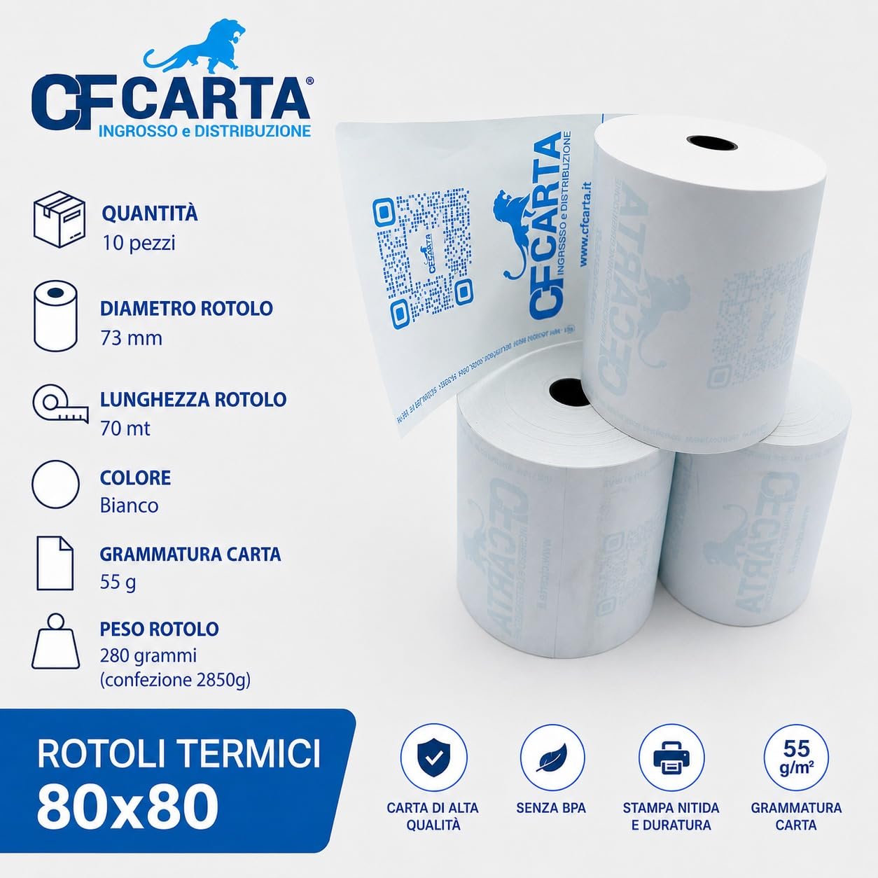 Rotoli termici per scontrini 80x80 foro 12mm BPA FREE CF CARTA 70m 10 pezzi