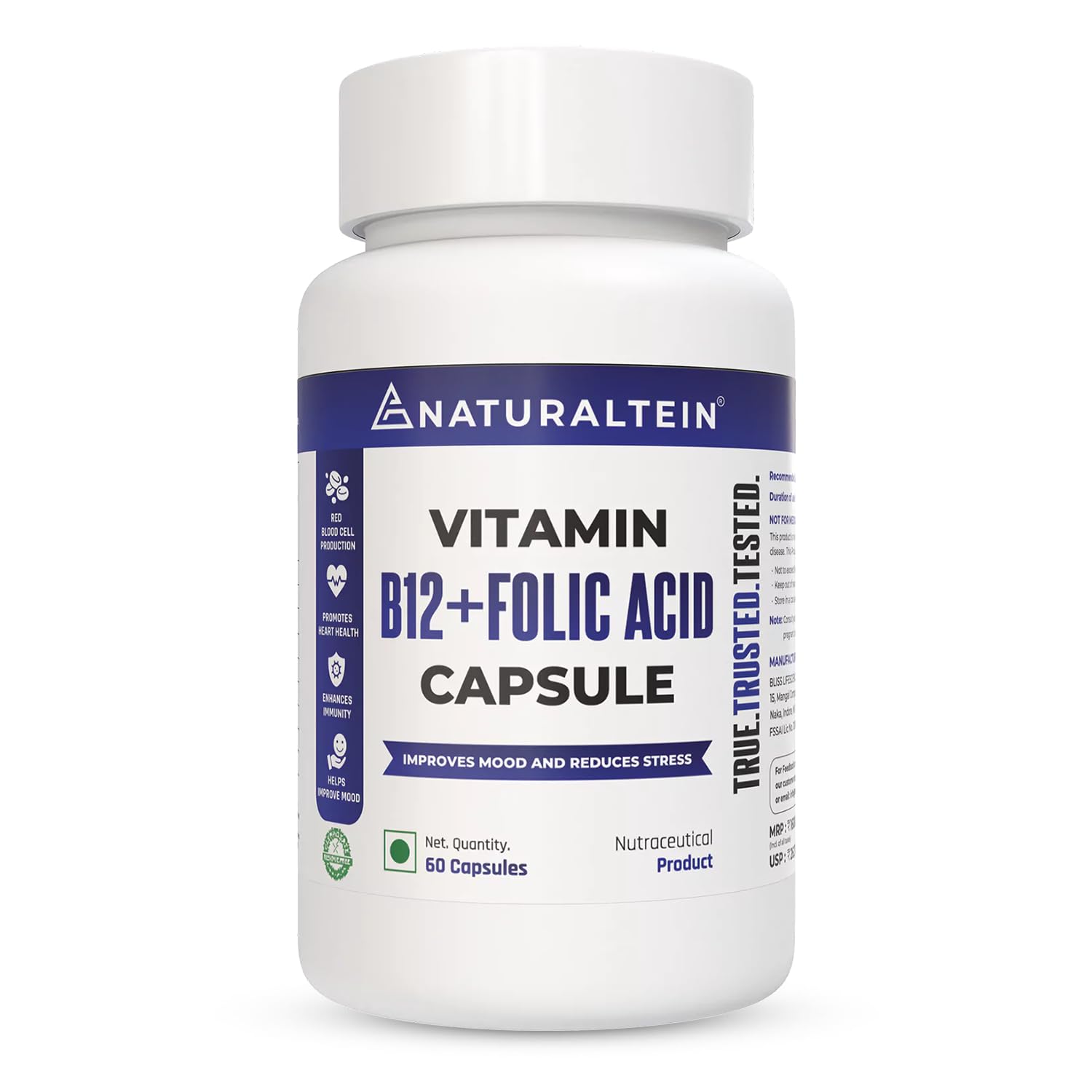NATURALTEIN Vitamin B12 + Folate Capsules | High-Strength Methylcobalamin & L-Methyl Folate | Supports Energy Production, Brain Function & Heart Health | Lab-Tested for Purity and Quality