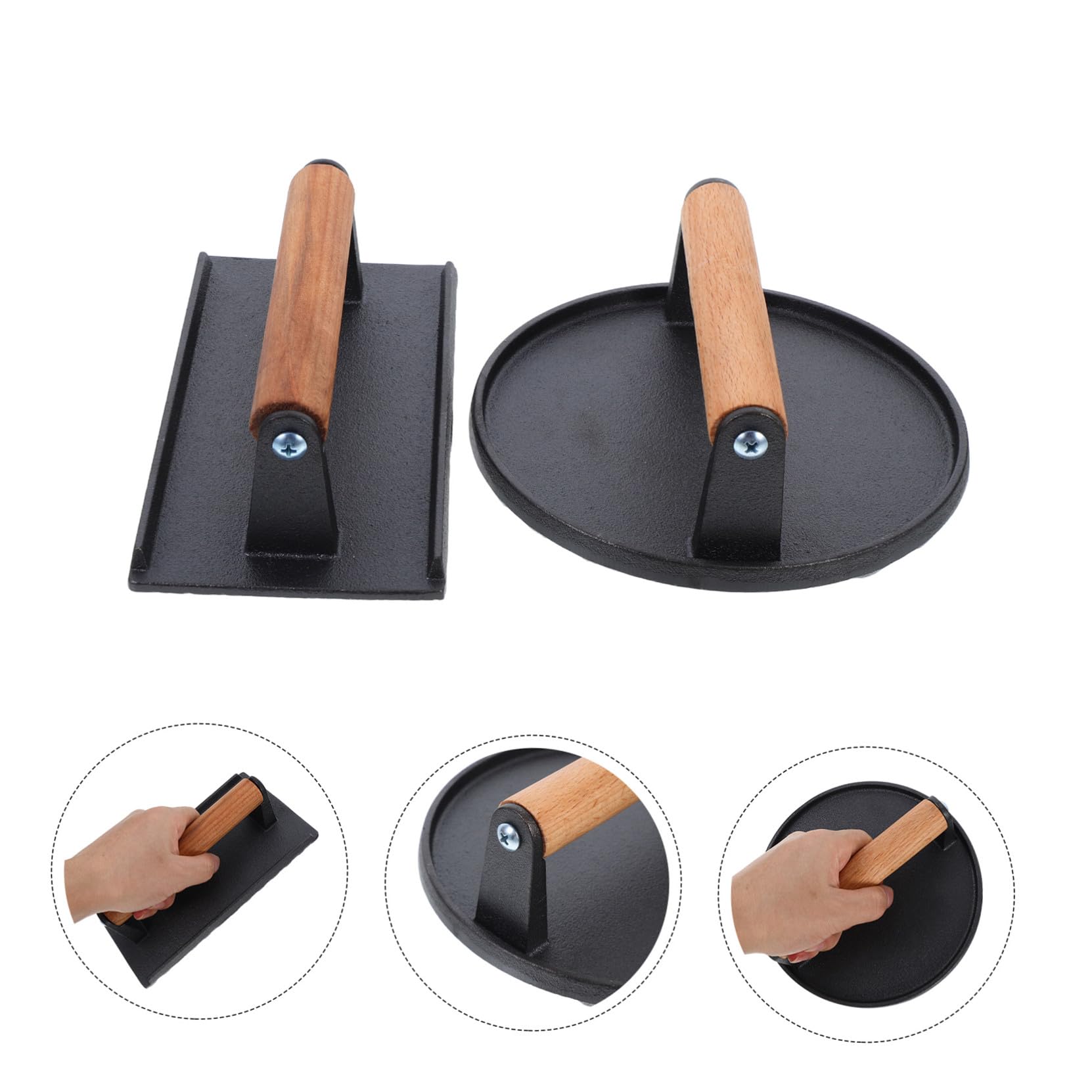 Prensa para Parrilla Fácil y Uniforme para Hamburguesas y Sándwiches de Hierro Fundido con Mango de Madera 2 Piezas, Superficie Antiadherente y Fondo Ranurado