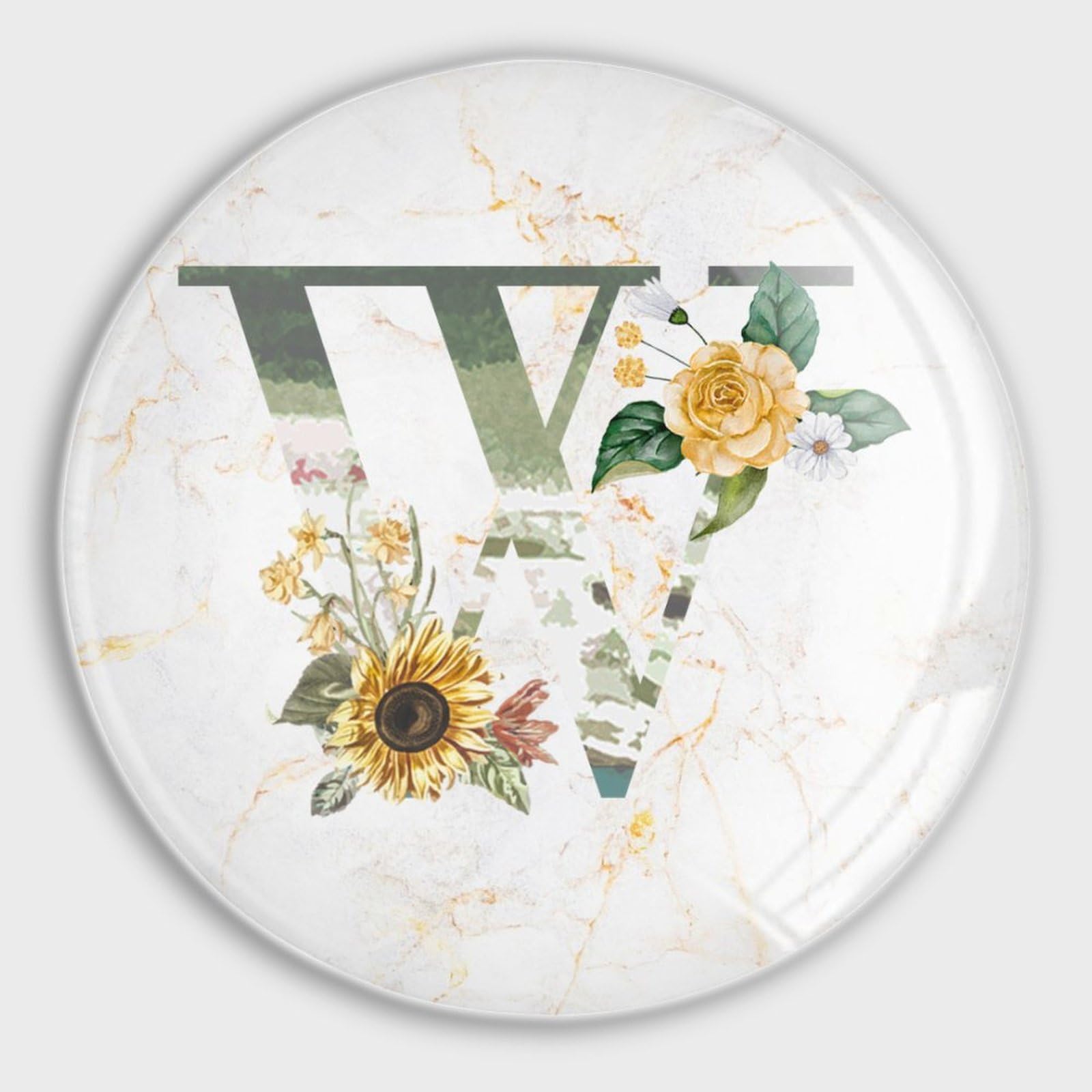 Imanes de cristal para nevera con letra inicial W y flores amarillas como detalle decorativo