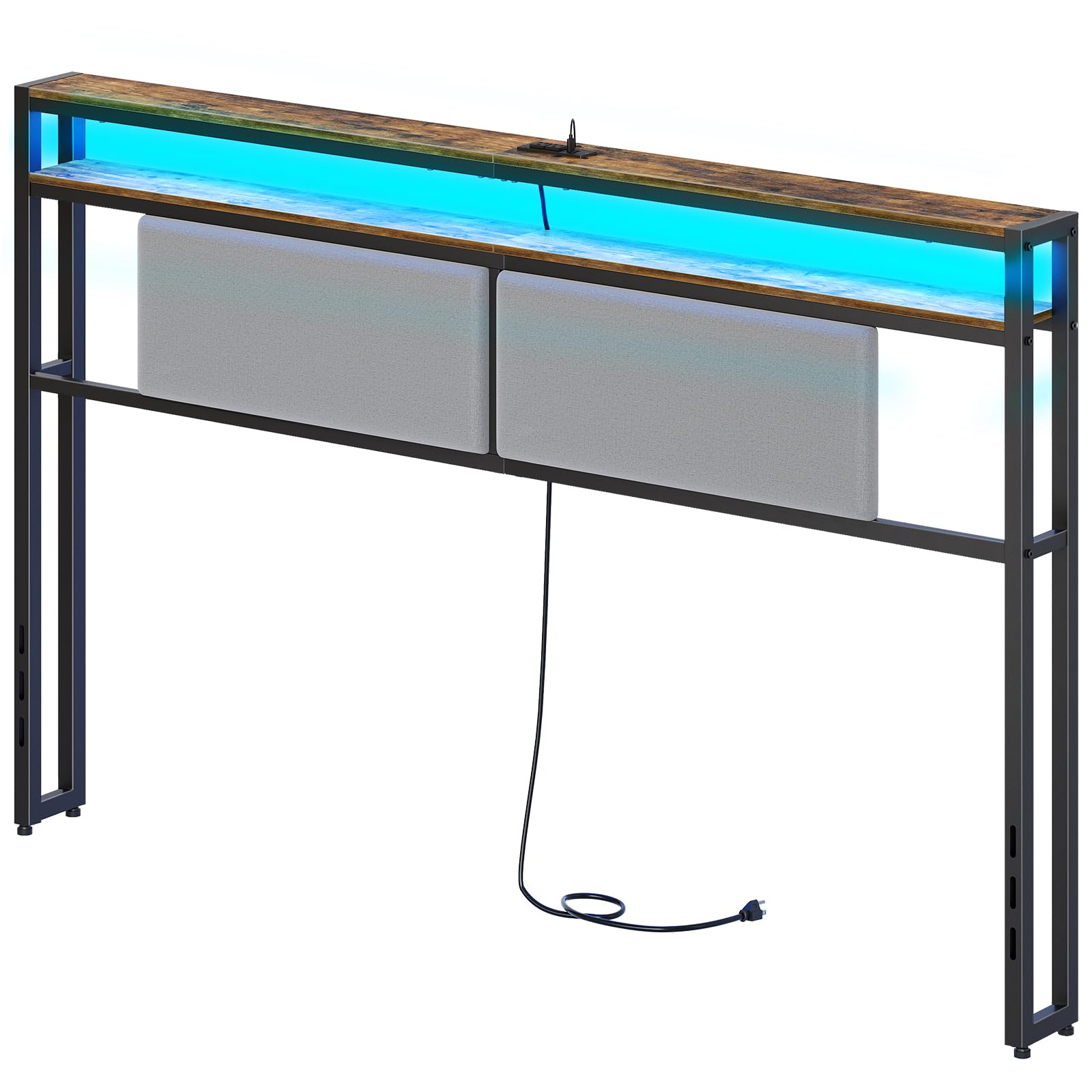 YATINEY Headboard for King Size, Upholstered Head Board with LED Light and 2 Outlets and USB Ports, Bed Storage Shelf, Adjustable Height, Sturdy and Stable