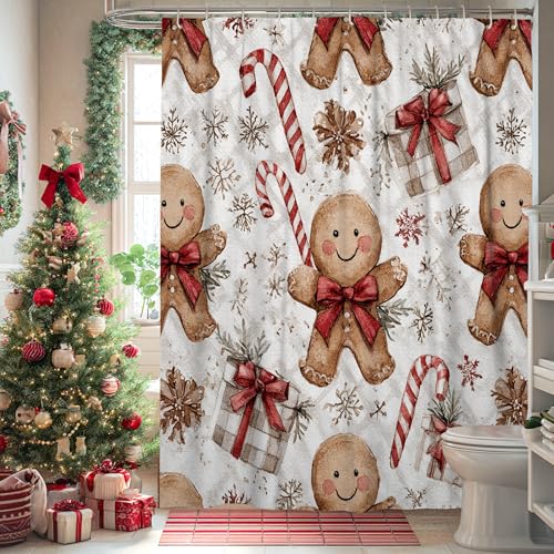 Tenda da doccia a forma di pan di zenzero, scatola regalo natalizia con bastoncini di zucchero, lavabile, con ganci, tenda decorativa per bagno, vasca da bagno, appartamento, 137 x 198 cm