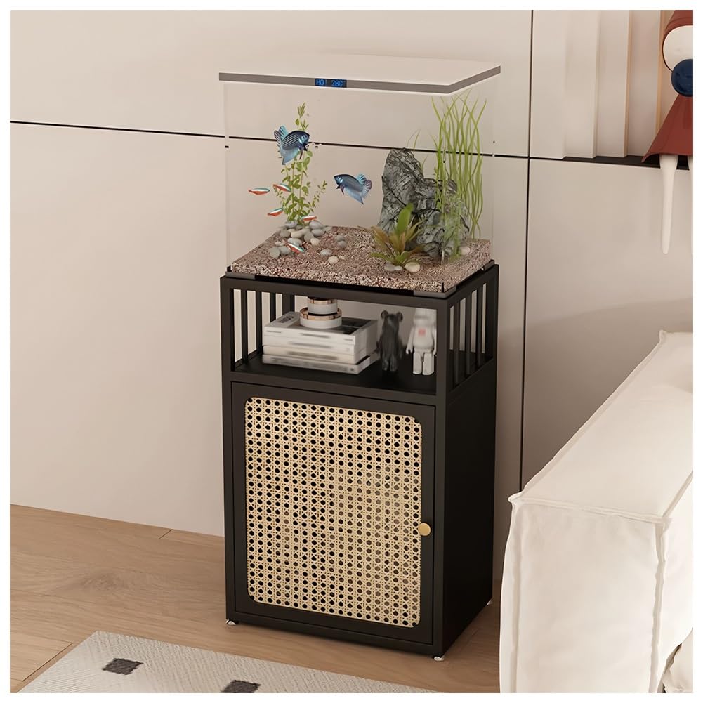 Support Aquarium Style Vintage en Rotin – Meuble-Support Robuste en Acier avec Étagère Ouverte – Table pour Aquarium 70 Cm Hauteur, Idéal La Maison, Le Salon Ou La Chambre.(Blanc,60X30X70CM)