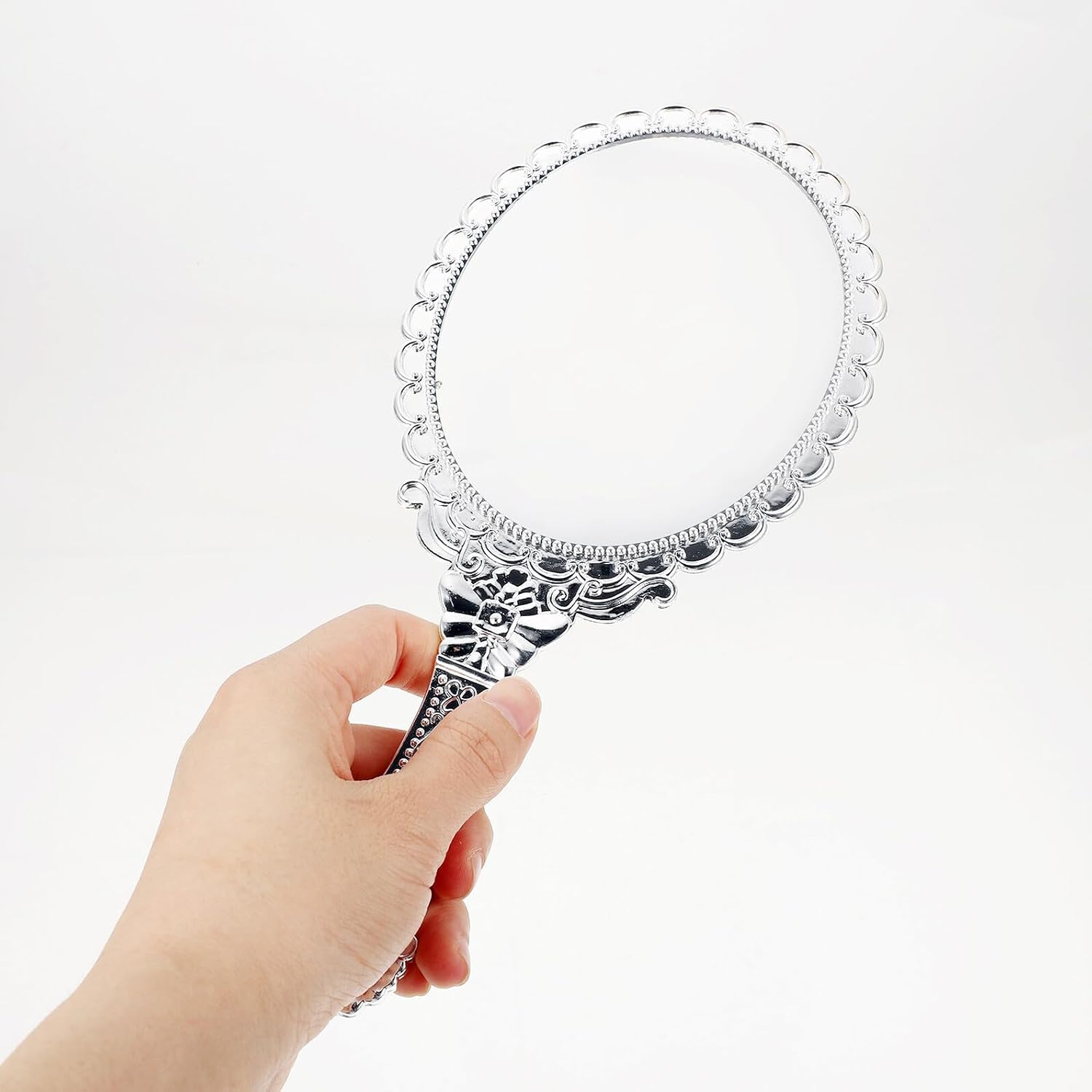Handheld Vanity Mirror with Handle, Vintage Silver ABS Glass image 4