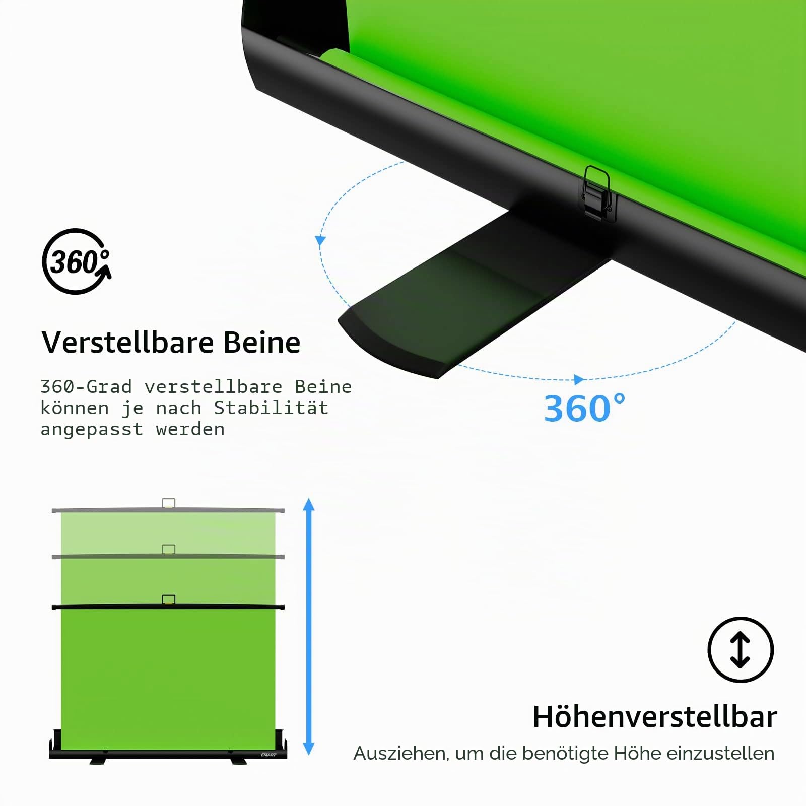 EMART Green Screen 155 x 184 cm, Greenscreen Rollup Fotohintergrund | Grüner Foto Hintergrund mit Ständer, Fotostudio, Streaming, Videokonferenzen, TikTok, Zoom