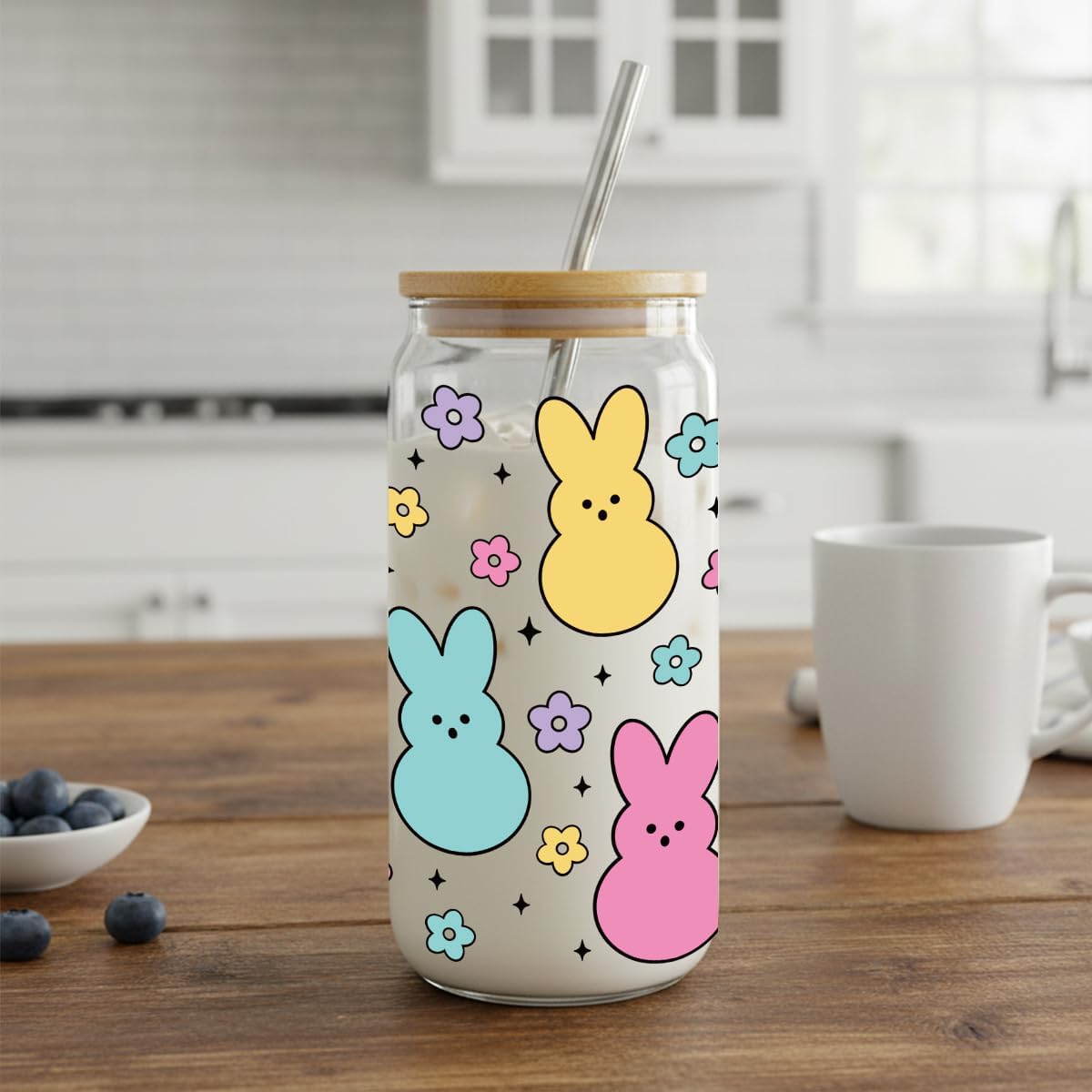 Easter Bunny Baskets Stuffers for Kids - Easter Glasses Drinking Gifts for Her,Friends,Glass Cups with Lids and Straws,Cute Bunny Holiday Glass Tumbler -153 - Image 4