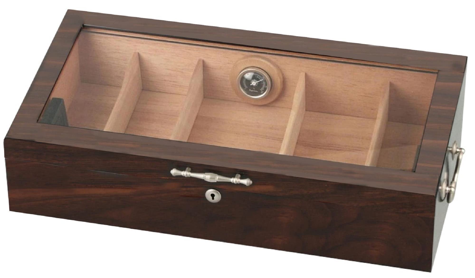 Humidor Walnut Decoración/Ventana para aproximadamente 150 puros H17 x B55 x P27 cm con cerradura, 2 asas, higrómetro 2 humidificadores de polímero acrílico 4 divisores ajustables