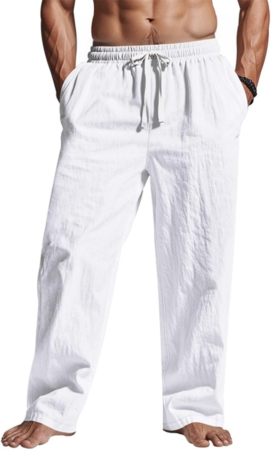 Mens Linen Pants Yoga Beach Loose Fit Casual Summer Elastic Waist Drawstring Baggy Trousers with Pockets