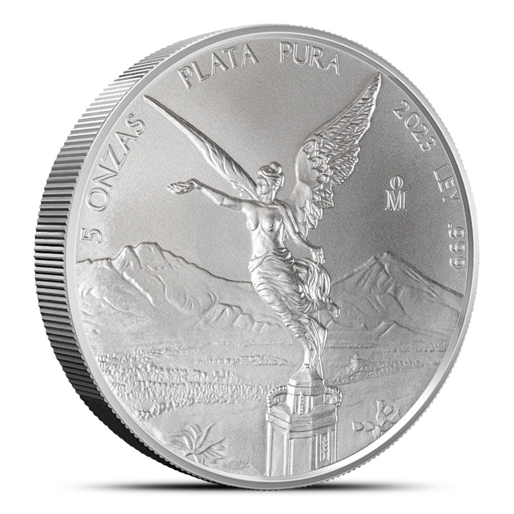 Large Mexico 5 oz .999 Fine Silver Libertad Silver Coin I National Seal of Mexico “Estados Unidos Mexicanos” - Winged Victory Statue With Volcanoes Popocatépetl and Iztaccíhuatl Motifs I Monetized By Mexican Government