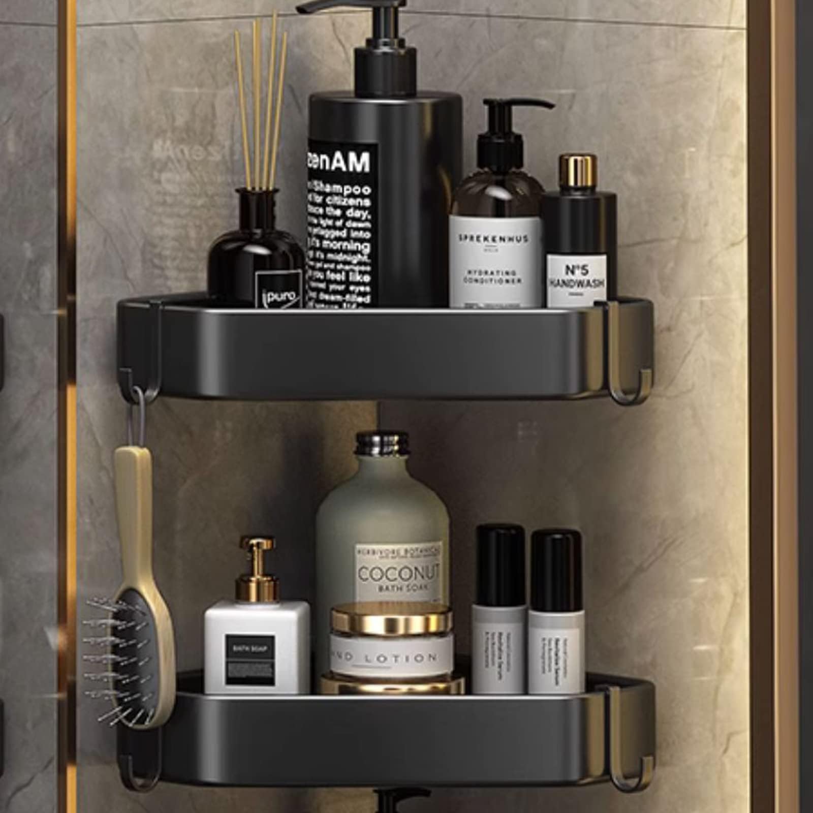 BOZWELL Corner Shower Caddy,2 Pack Black Shower Shelves with Large Capacity,Drill-Free or use Screws Adhesive Shower Rack with 4 Movable Hooks,Bathroom Shower Accessories 1088-B-2
