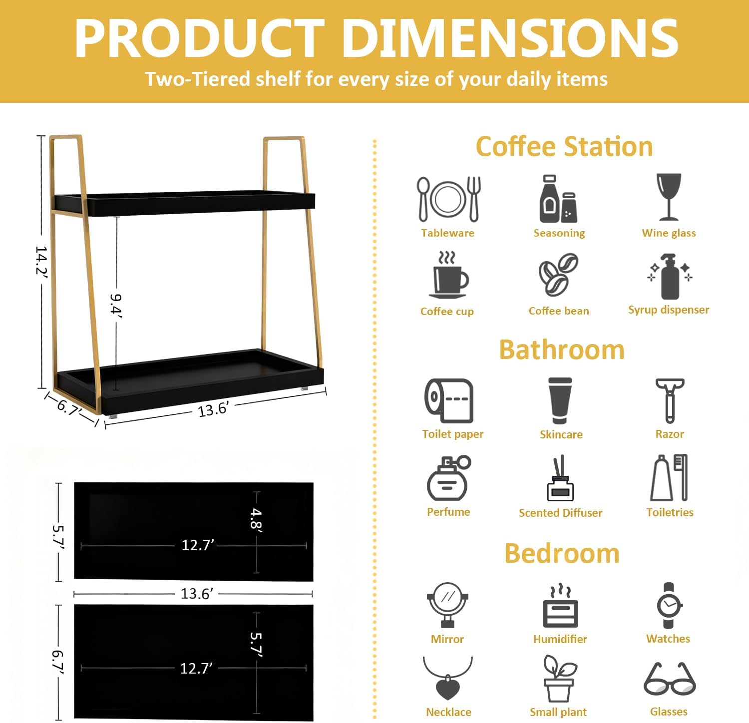 Coffee Bar Accessories, Black Gold Coffee Station Organizer for Countertop Decor, 2 Tier Large Wooden CoffeeBar Shelf for Office, Breakroom, Bathroom