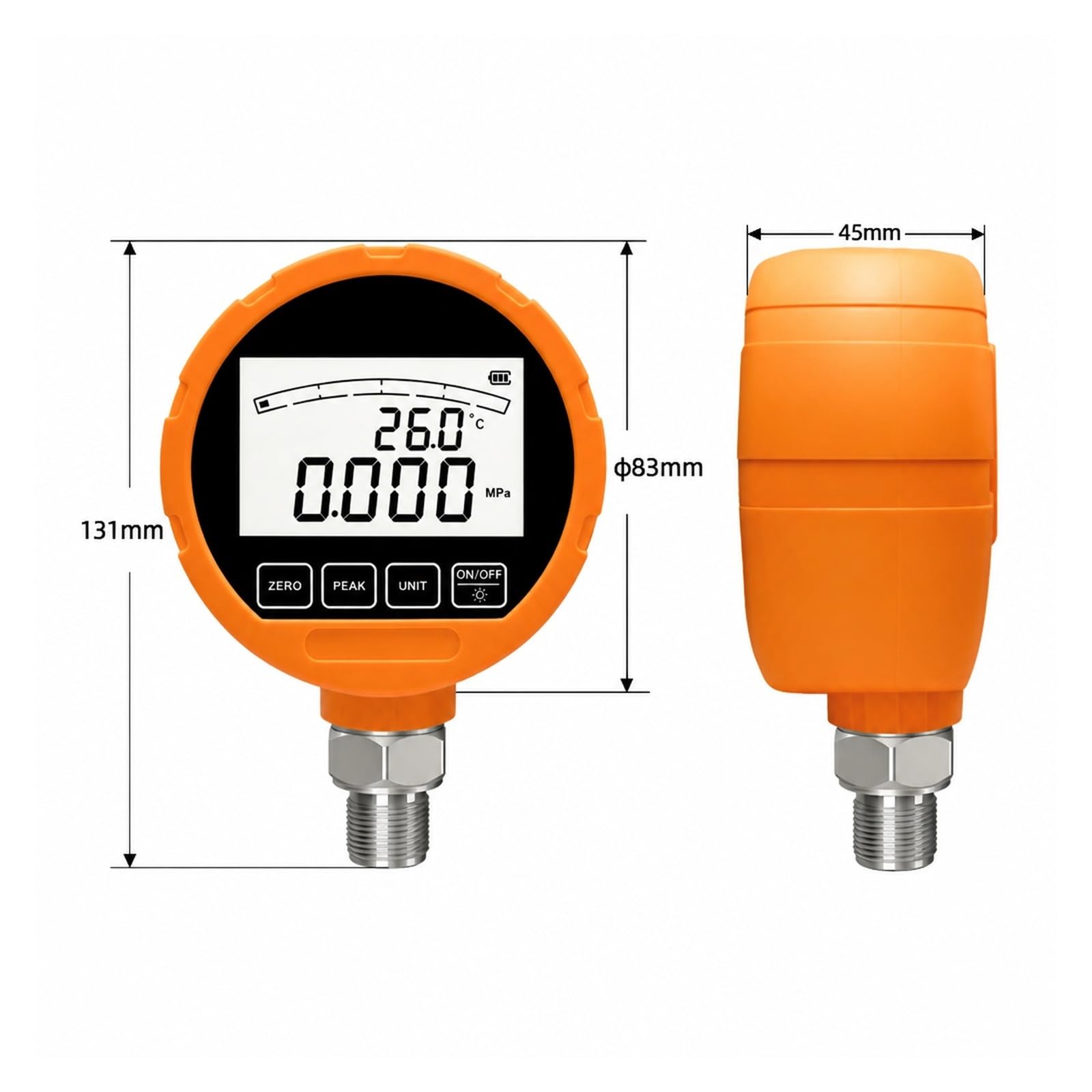 Ciśnieniomierz, Cyfrowy Manometr Hydrauliczny ME461P | SUS316L, LCD, 4-1/2 Pozycji, IP54, 200 PSI I Więcej, Gwint Męski/żeński, Średnica 83 Mm(G1-2 0-25Mpa)