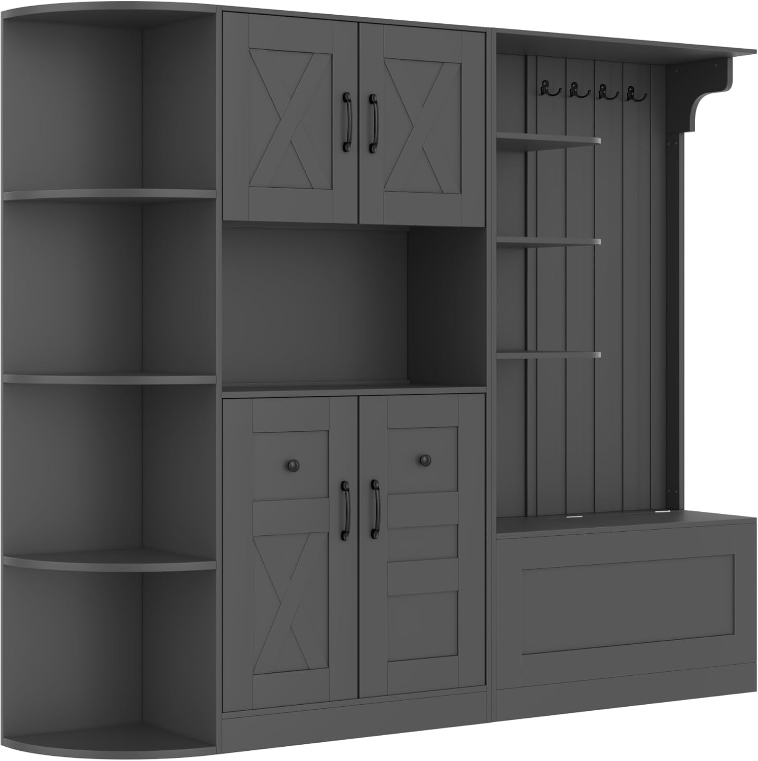 Entryway Hall Tree with Bench and Shoe Storage, Multifunctional Left-Right Combination Hall Cabinet with Storage Shelves, Coat Rack & Cabinet for Living Room, Black