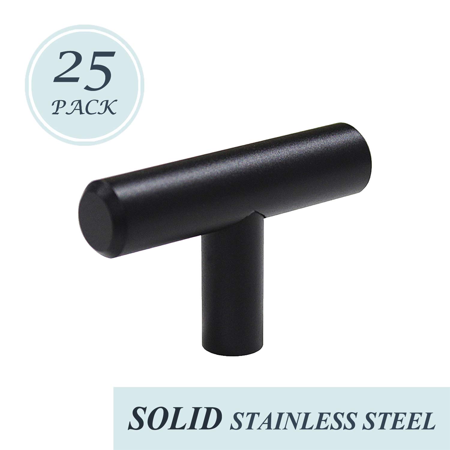 KNOBWELL25 Pack Black Cabinet Pulls Solid, Stainless Steel Modern Cabinet Pulls Round T Bar Kitchen Cabinet Handles Dresser Drawer Knobs - Single Hole 2"