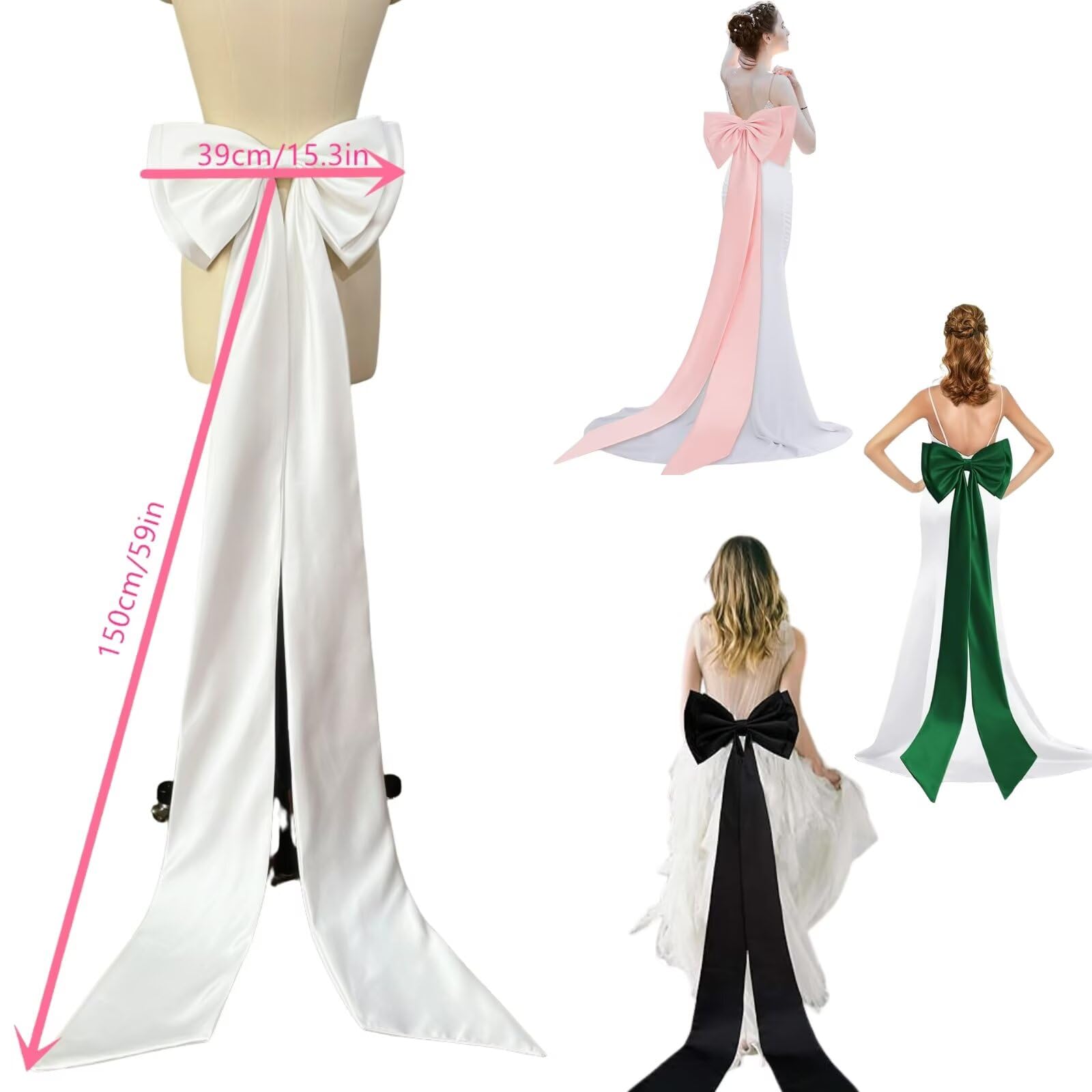 Ceinture extra-longue en satin avec gros nœud, 140 cm, noire