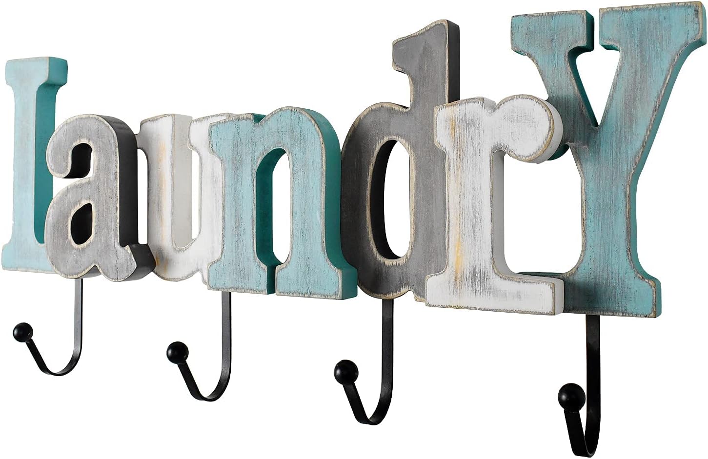 Linfevisi Wooden Laundry Sign Aqua Hanging Block Letters Sign Rustic Wood Word Decor Laundry Wall Sign Cutout Word Art Wall Decor Decorative Key Holder Hanger with 4 Hooks