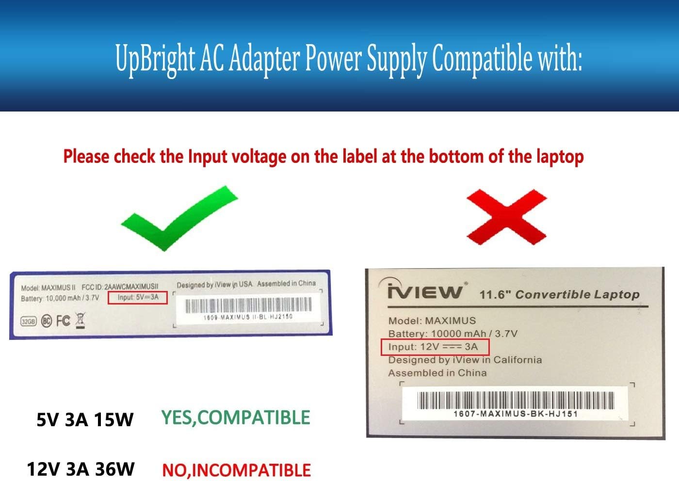 UpBright 5V 3A AC/DC Adapter Compatible with iView Maximus II 2 III 3 IVIEWMAXPL 11.6" Megatron II 2 14.1" Ultima 13.3" 1330NB Convertible PC 5VDC 3000mA DC5V 3.0A Power Supply Cord Battery Charger