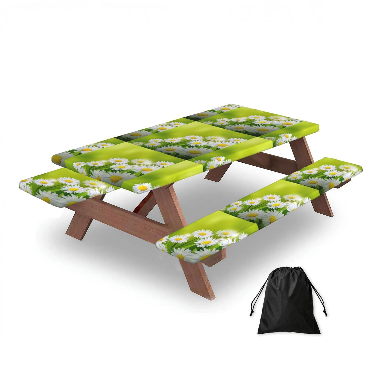 Dopklna As Picture Floral Flowers Daisies, Picnic Table Cover With Bench Covers -Waterproof Elastic Fitted Tablecloth For Garden Camping Patio 76X152cm
