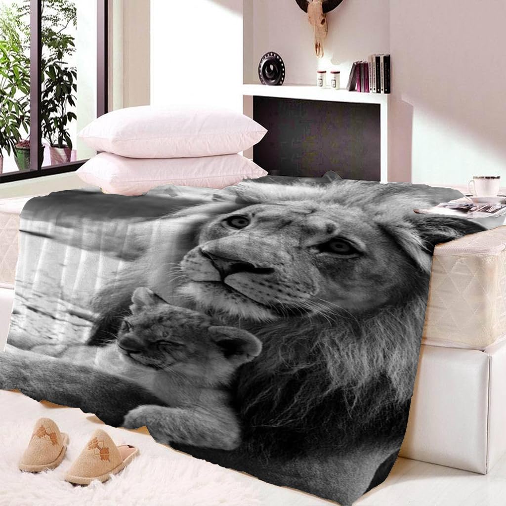 Coperta In Pile Di Pelliccia Sintetica Per Divano E Letto, Leone Animale Grigio Stampata Coperta Matrimoniale Invernale Di Flanella 180X200Cm Morbida, Calda E Accogliente, Fluffy