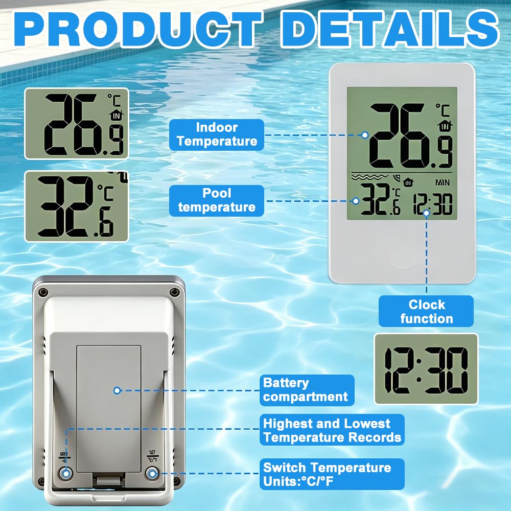 Pool Thermometer Funk, Thermometer Wassertemperatur Pool mit PH-Teststreifen, Poolthermometer Schwimmend, Badethermometer Pool Thermometer Wasserdicht für Teich Zubehör