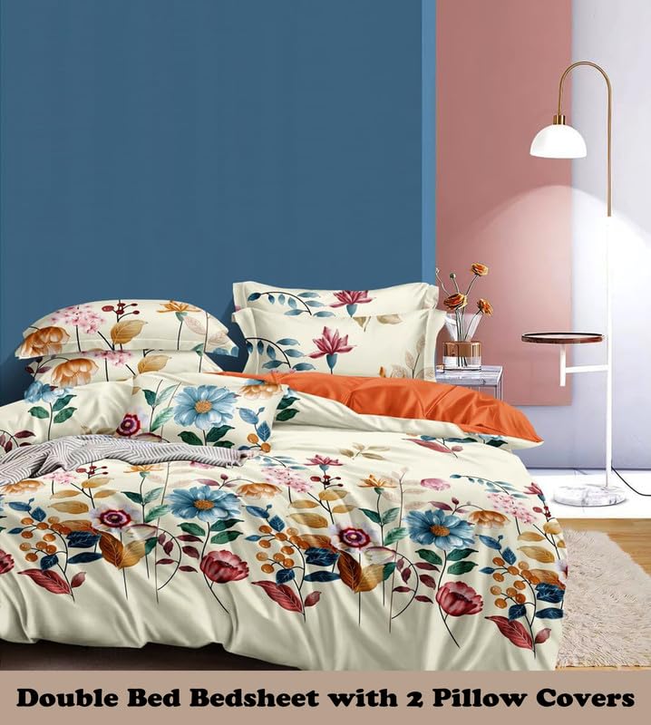 Image of Polycotton Double Bed Bedsheet, Flat Sheet with 2 Pillow Covers, Queen (90x100 inch), 300 TC, Multi & Cream, Set of 3