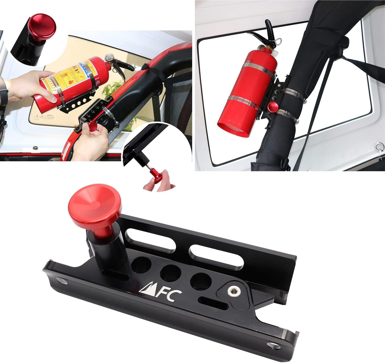 Universal Aluminum Adjustable Roll Bar Fire Extinguisher Mount Holder Compatible with for Jeep Wrangler TJ JK JKU JL JLU Gladiator JT Ford Bronco UTV Polaris RZR Ranger Can Am Maverick