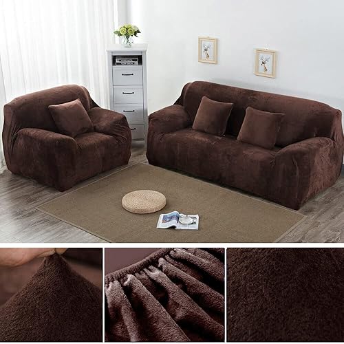 Miniatura 5 de cjc Fundas de terciopelo para sofá, funda elástica de felpa gruesa para sofá de 1, 2, 3, 4 asientos, fundas de sofá para sofá con cojines (marrón,