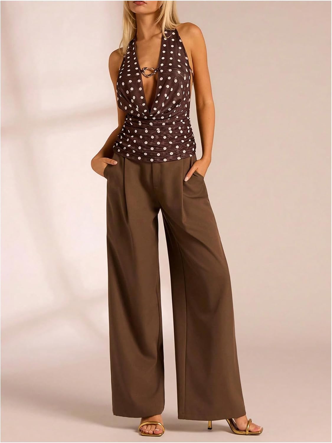 SOLY HUX Women's Polka Dots Halter Tops Y2k Mesh Sleeveless Cowl Neck Backless Tank Shirts - Image 5