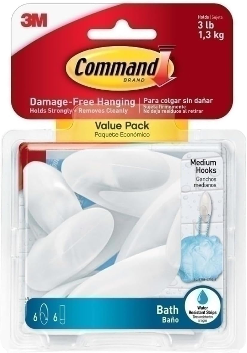 Command Bath Medium Hook Value Pack, Total 12 Medium Hooks with 6 Water Resistant Strips, 2-Pack of 6 Hooks, Organize Damage-Free