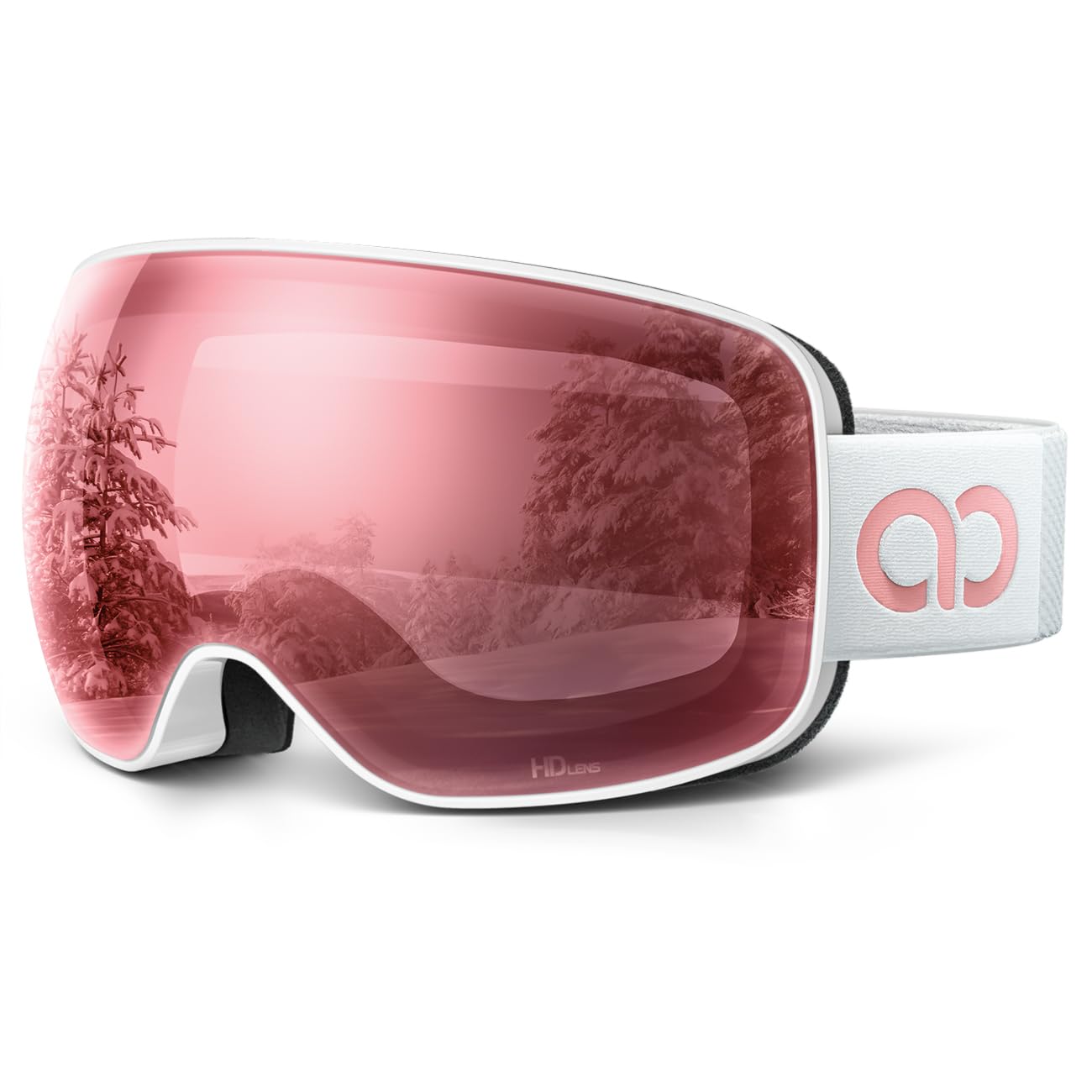 Lamicall Ski Goggles, Skiing Goggles - 【HD Spherical Lens】 Anti-fog Snow Snowboard Goggles with Wide OTG Over Helmet Compatible, UV400 Protection for Men & Women - White Frame - Pink