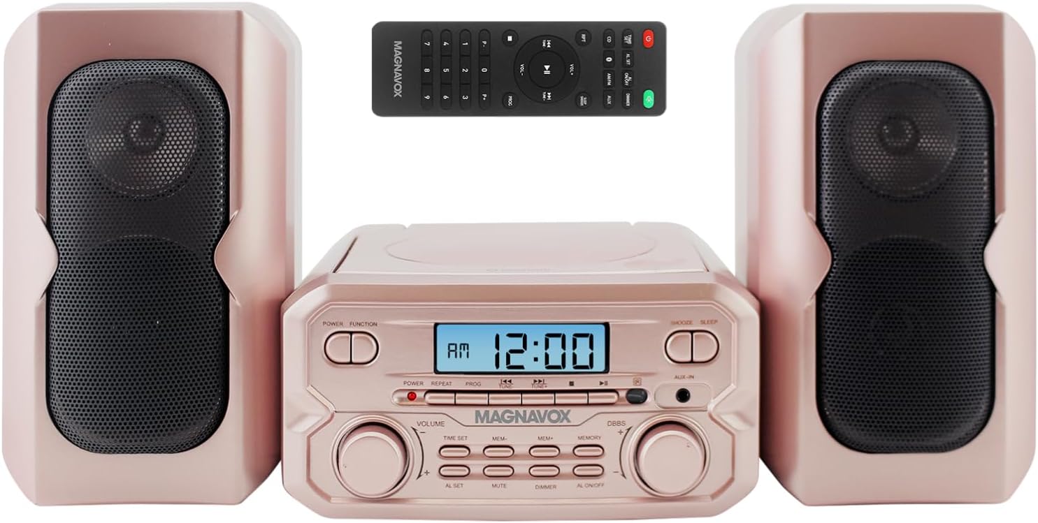 Magnavox MM435M2-RG 3-Piece Compact CD Shelf System with Digital FM Stereo Radio, Bluetooth Wireless Technology, and Remote Control in Rose Gold | LCD Display | AUX Port Compatible | 2024 Version