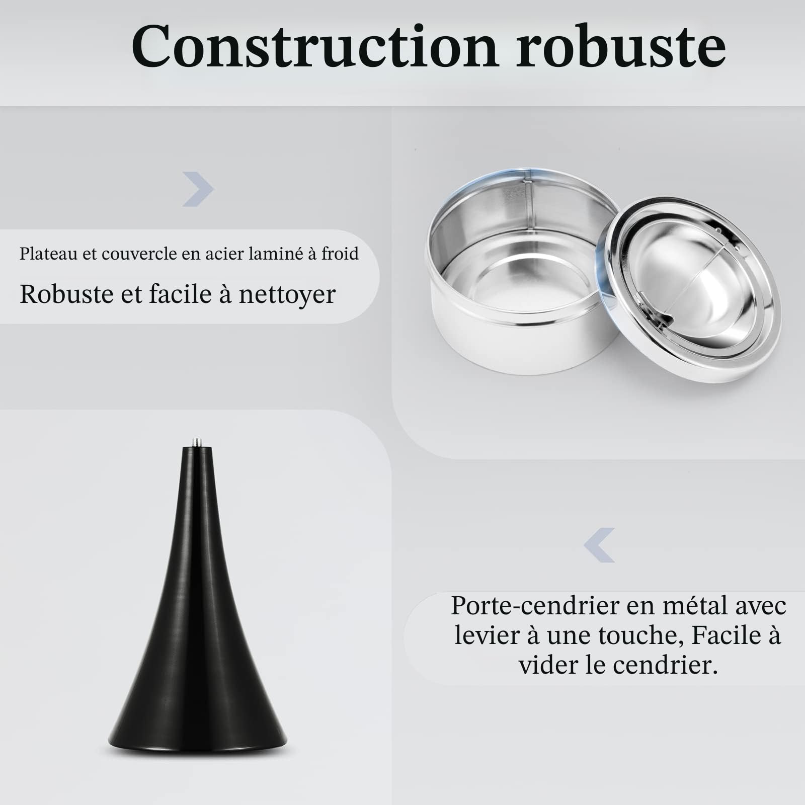 Cendrier sur pied avec couvercle coupe-vent pour terrasse Noir