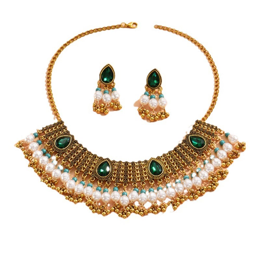 OIDIMS Bohemian Indian Bride Wedding Jewellery Set for Women Traditional Oxidized Ethnic Style Necklace Dangle Earring Tassel Beaded Cubic Zirconia Choker Tribal Bollywood Jhumka Jewelry Gift