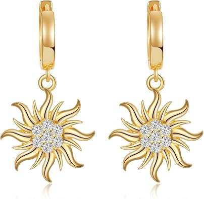 Gold Sun Dangle Huggie Hoop Earrings Princess Jewelry Rapunzel Sun Earrings Birthday Party Earrings Halloween Dress up Gifts