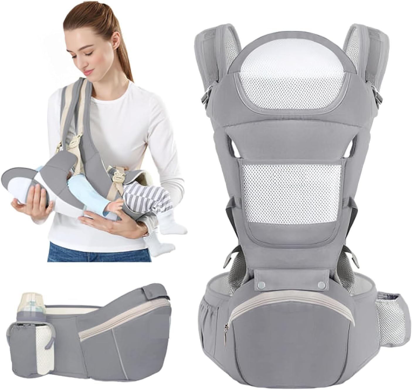 Clefairy Baby Wrap Carrier, Baby Hip Seat, All-in-One Baby Carrier, Cotton, Lightweight and Breathable, Adjustable Baby Carrier, Ergonomic Pure, for Newborns and Older Babies