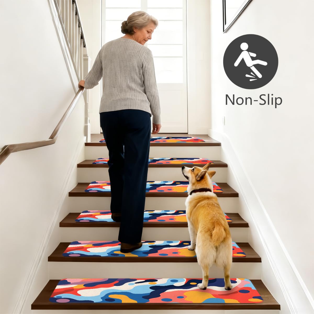 OSAM SPACE Camouflage Colorful Stair Treads for Wooden Steps, 8''x30'' Non Slip Stair Runner Rug, Peel and Stick Stairs Carpet Covers, Indoor Adhesive Staircase Step Treads Mats (15-Pack)