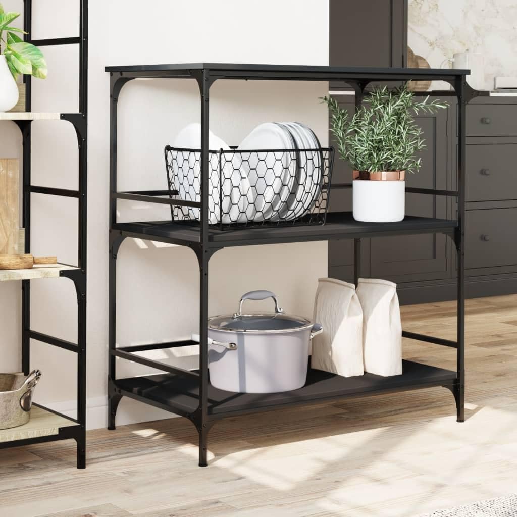 Carro de cocina negro de madera con marco de acero, 100,5 x 50 x 105 cm, carrito con 4 ruedas y frenos, carro auxiliar con espacio de almacenamiento, para cocina, comedor, salón