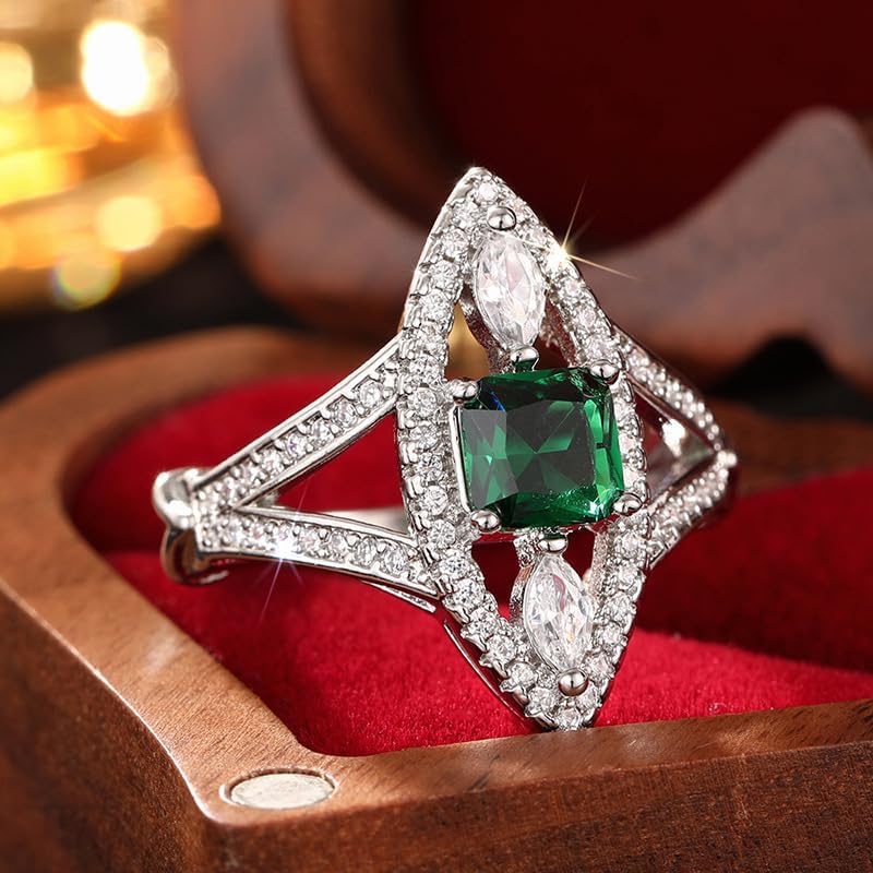 Women's Marquise Shape Green Created Square Emerald CZ Engagement Ring, Solitaire Cubic Zirconia Wedding Promise Rings for Her Size 6-10(8) - Image 5