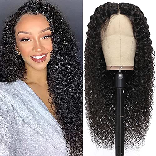 Lace Front Wigs Human Hair, Water Wave Lace Front Wig T Part for Black Women, Curly Lace Frontal Human Hair Wigs, Wet and Wavy Human Hair Black Wig Pre Plucked with Baby Hair (24 Inch)