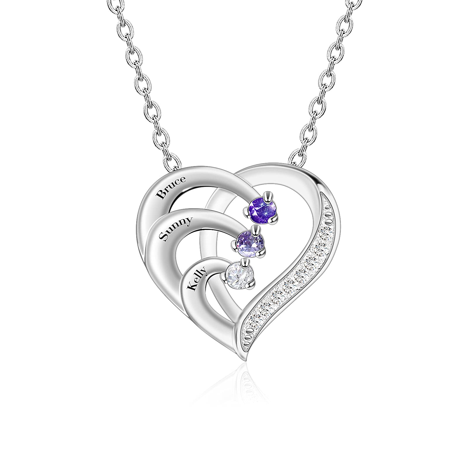 BAUMA AUTO Love Heart Pendant Necklace Mothers Name Necklace with 1-6 Simulated Birthstones Personalized Family Jewelry Gift for Women Mom