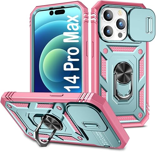 PASNEW Funda para iPhone 14 Pro Max, protección militar, soporte de 360 y cubierta deslizante para lente de cámara, carcasa rígida multicapa