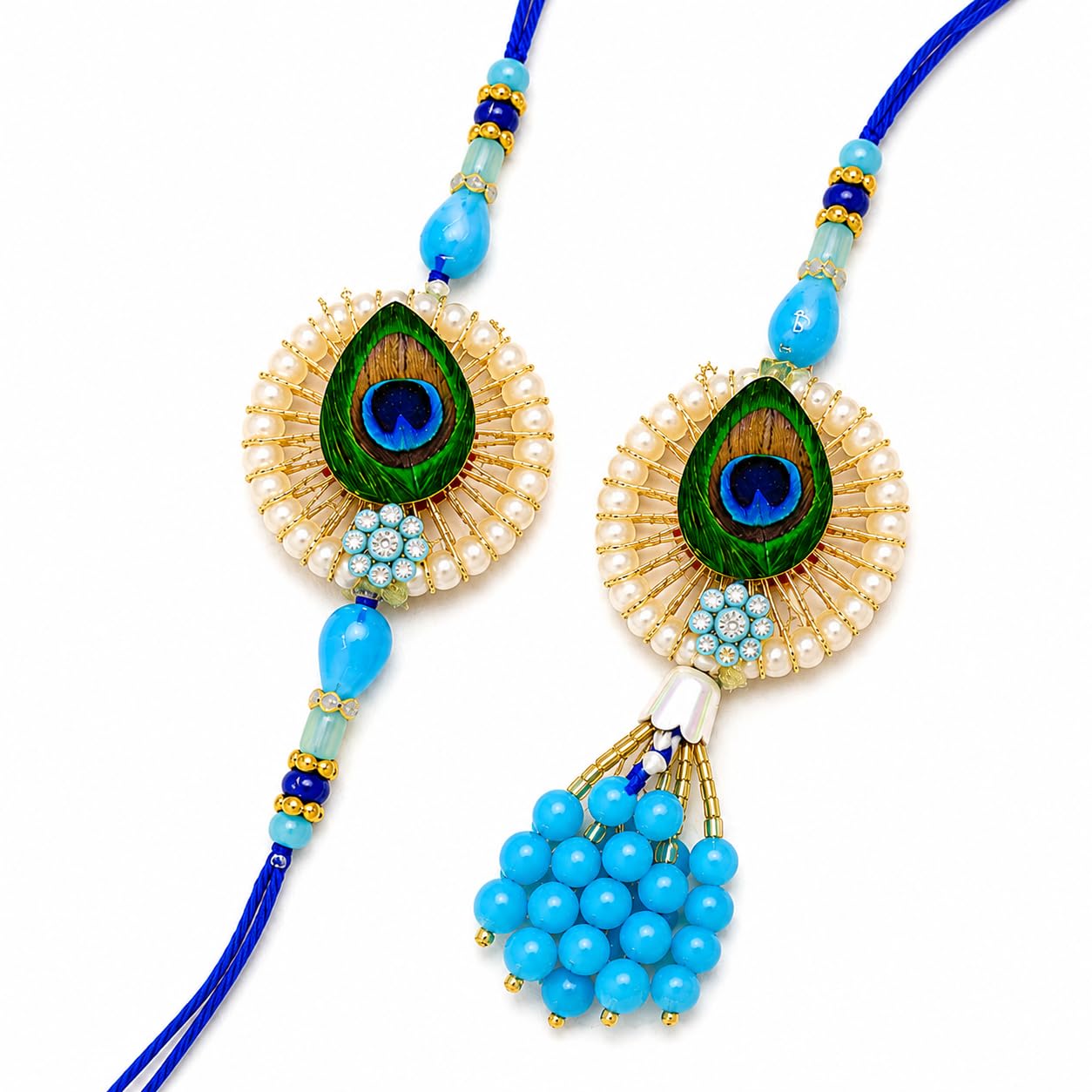 Bhaiya Bhabhi Designer Rakhi Set | Peacock Feather Pearl & Stone Rakhi Pair for Brother and Sister-in-Law | Premium Handmade Silk Thread for Raksha Bandhan Festival Gift-image-27