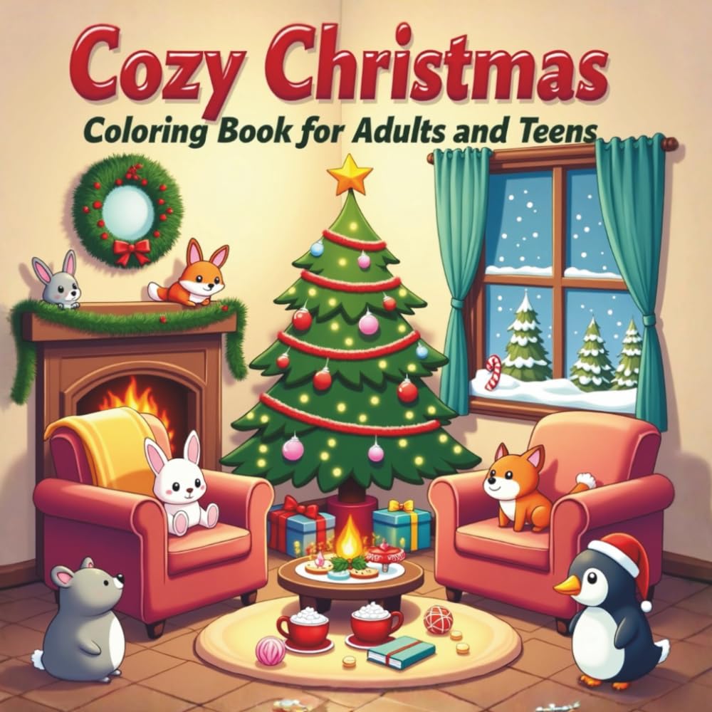 Cozy Christmas Coloring Book for Adults and Teens: Cute & Cozy Holiday Scenes • Kawaii Animals • Relaxing Christmas Coloring Pages for Stress Relief and Winter Joy