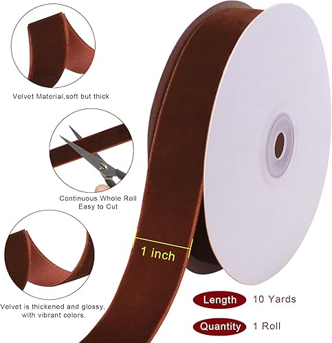 Miniatura 3 de Cinta de terciopelo marrón de 10 yardas de 1 pulgada para árbol de Navidad, cinta de Navidad de terciopelo para envolver regalos, manualidades,